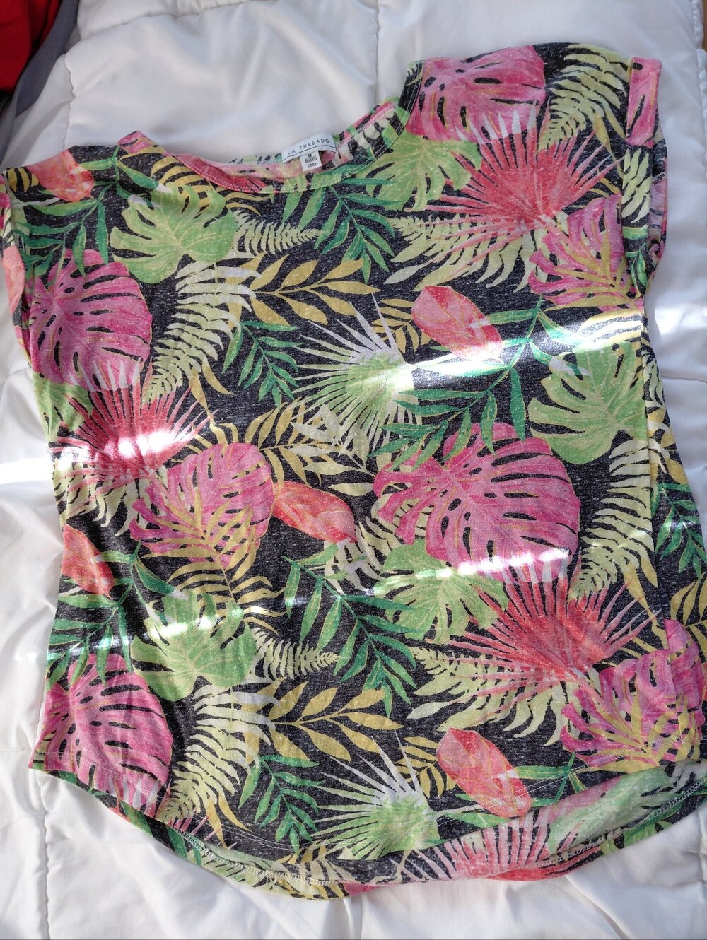 LA. Threads Tropical Leaf Print Beach Cover-Up - Pink Yellow & Green Leaves